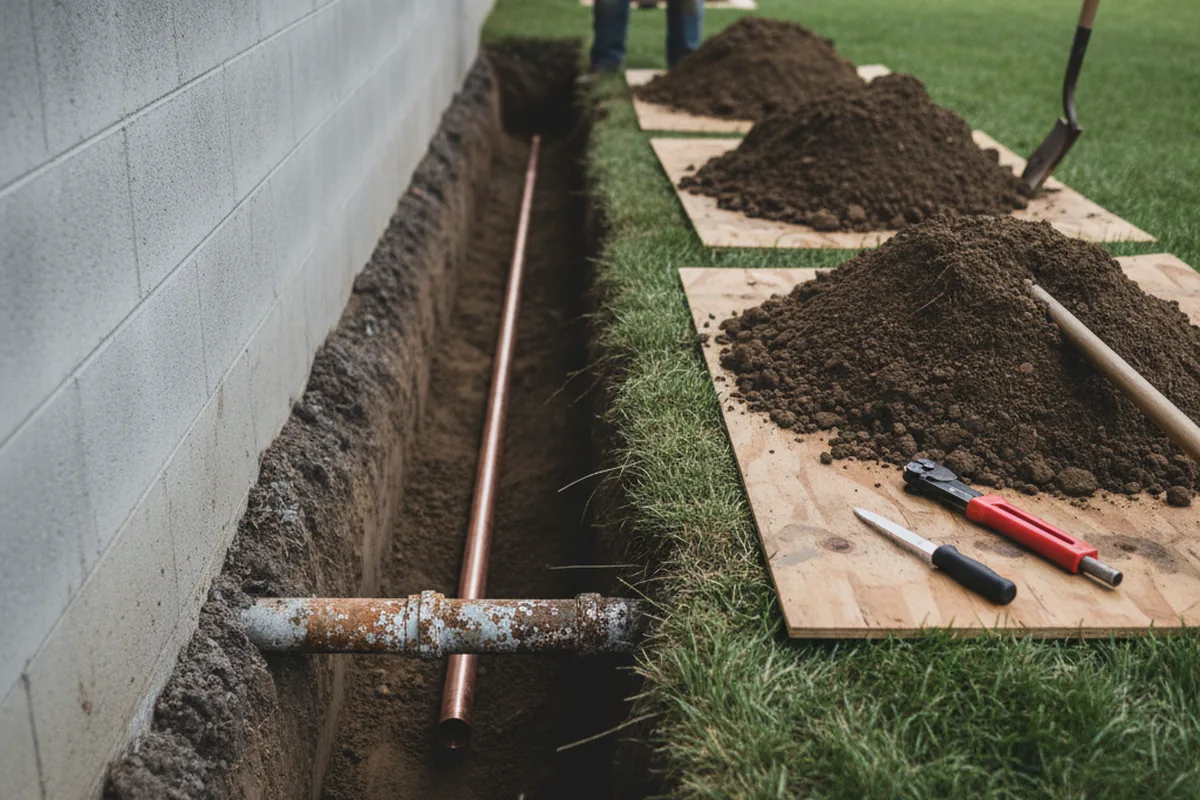 Excavated water line trench during Sewer Line Repair in Pittsfield